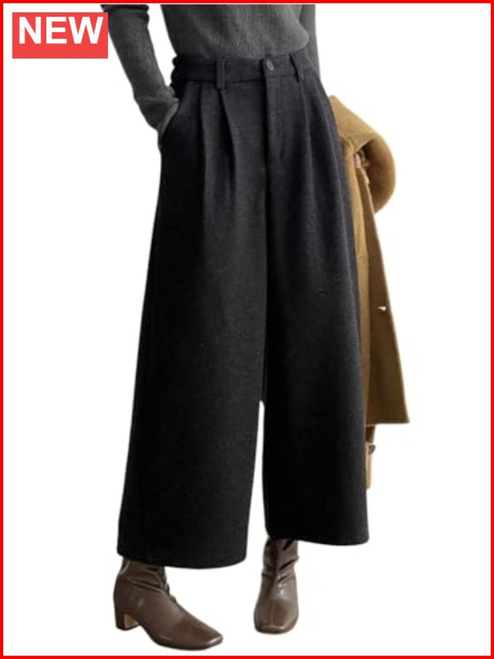 Wool Blend Cropped Wide Leg Culottes High Waisted Palazzo Pants